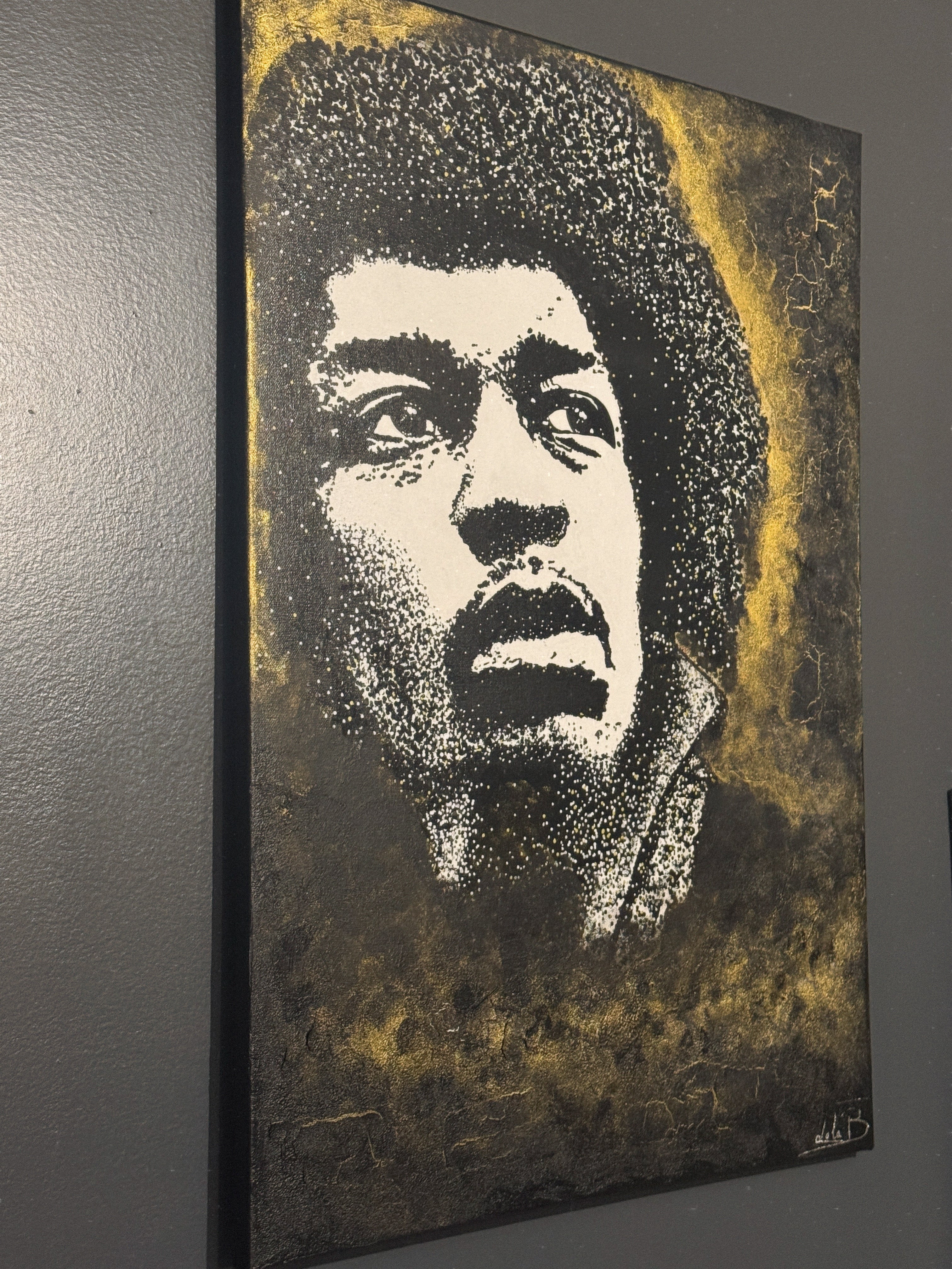 Jimi Hendrix – Éclat Noir & Or (Pointillisme contemporain)