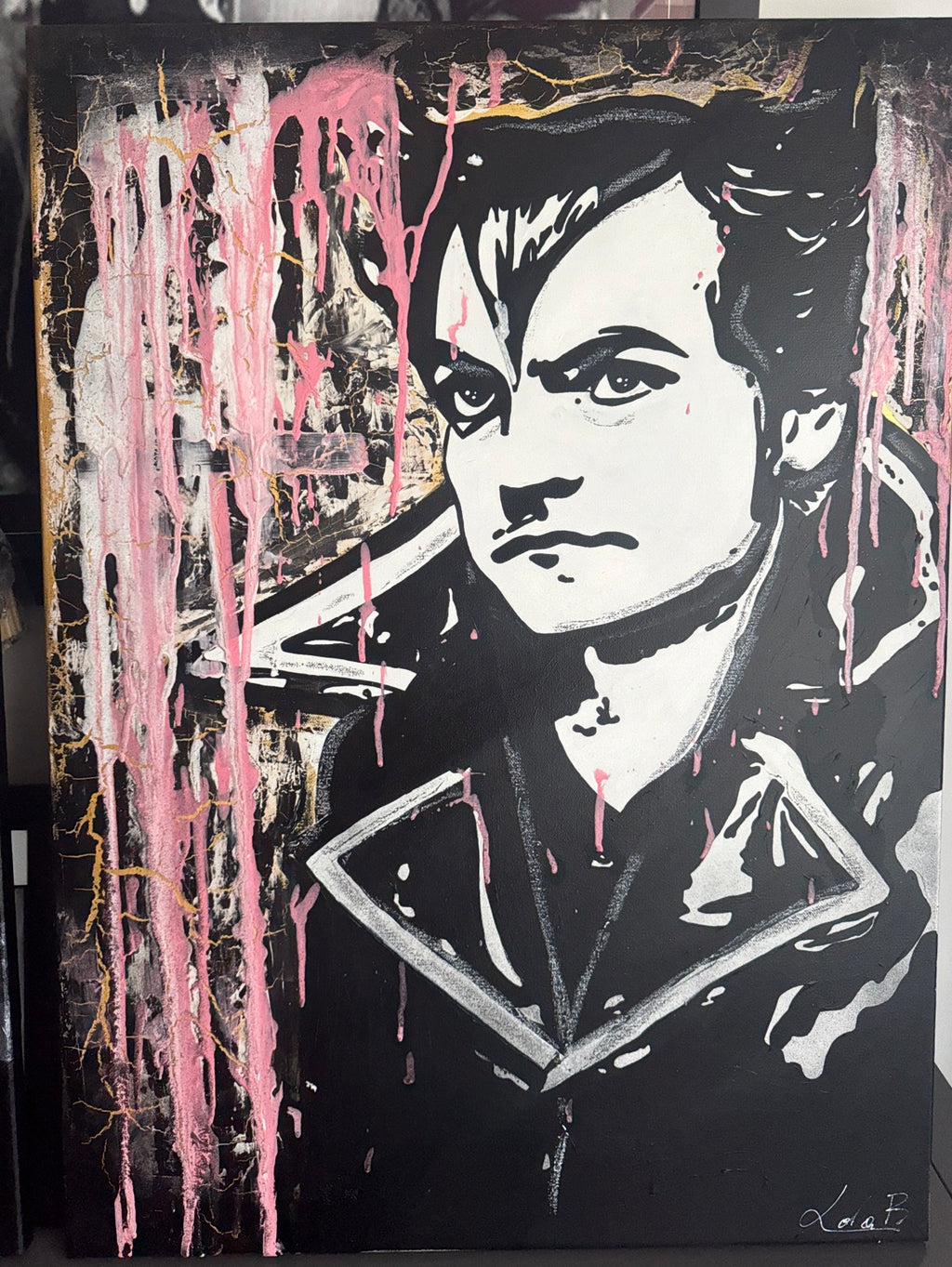 M (Matthieu Chedid) – Éclat Noir, Rose & Or | Tableau original 75 x 55 cm