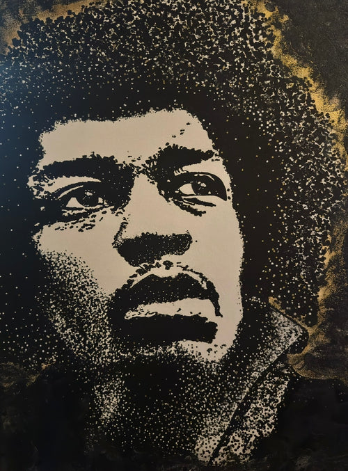 Jimi Hendrix – Éclat Noir & Or (Pointillisme contemporain)